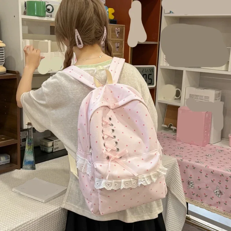 sac à dos en dentelle à pois, grande capacité, souple et élégant, avec compartiments, sacs à dos légers et mignons, sacs pour le soutien scolaire quotidien
