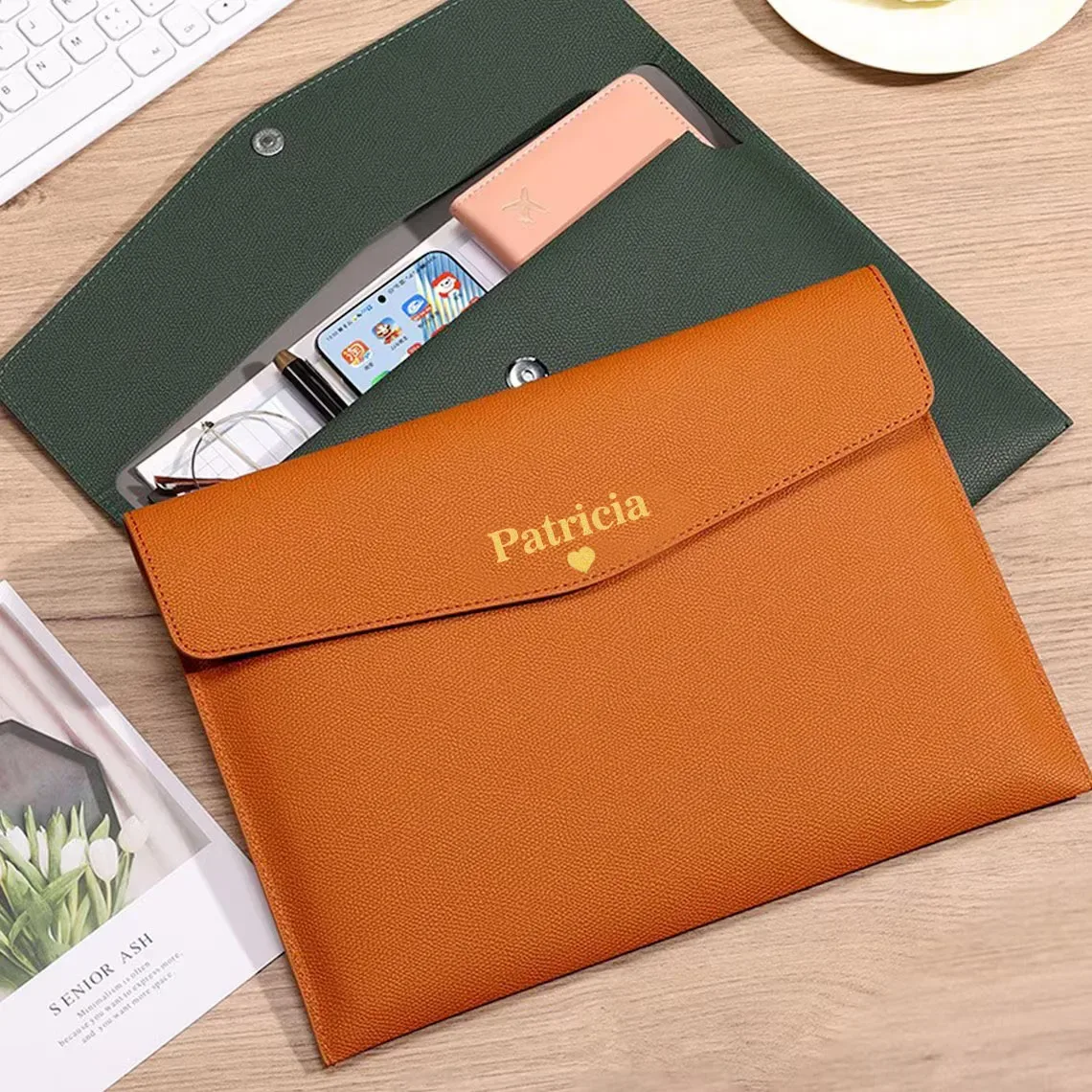 Sac à documents A4 en cuir PU personnalisé, pochette de rangement pour bureau d'affaires multicolores, organiseur élégant
