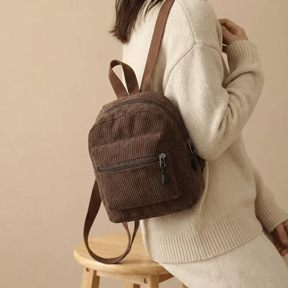 Sac à dos mini en velours côtelé de couleur unie, léger, avec fermeture éclair, double bandoulière, multi-poches, style vintage, pour le quotidien et les voyages