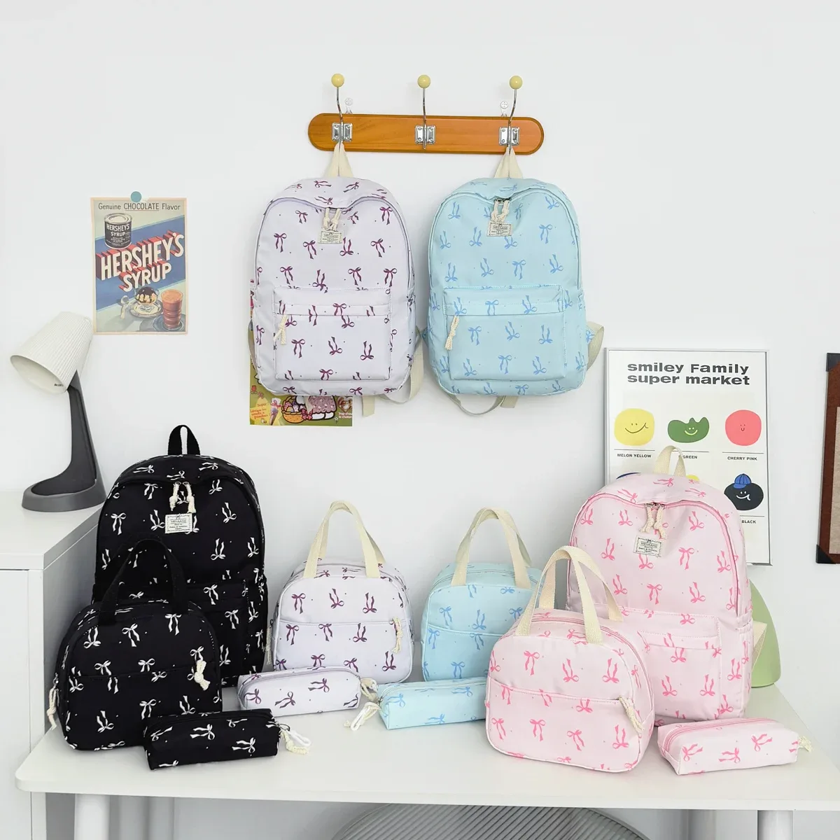 ensemble de sacs à dos trois pièces imprimé nœud papillon, doux et frais, en nylon léger, grande capacité, pour le campus et les trajets quotidiens des étudiants