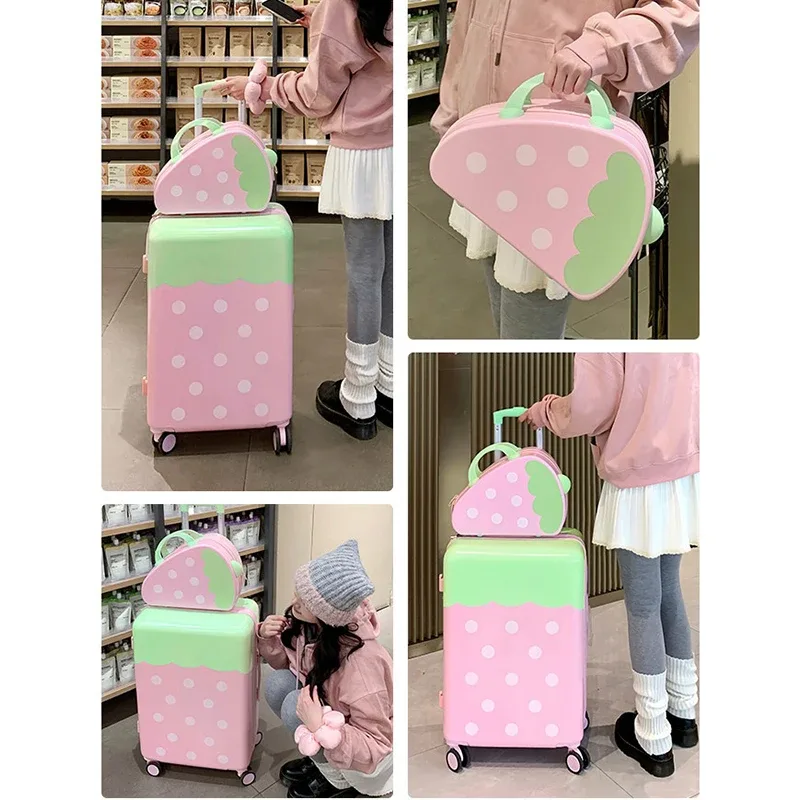 valise fraise 2026 nouveau ensemble de bagages à roulettes en pc, valises de voyage robustes et durables pour étudiants, bagages 20/24/26 pouces pour femmes