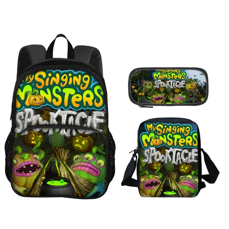 sac à dos my singing monsters, sac à stylos, sac à bandoulière, ensemble de 3 pièces imprimé pour garçons et filles de maternelle et d'école primaire