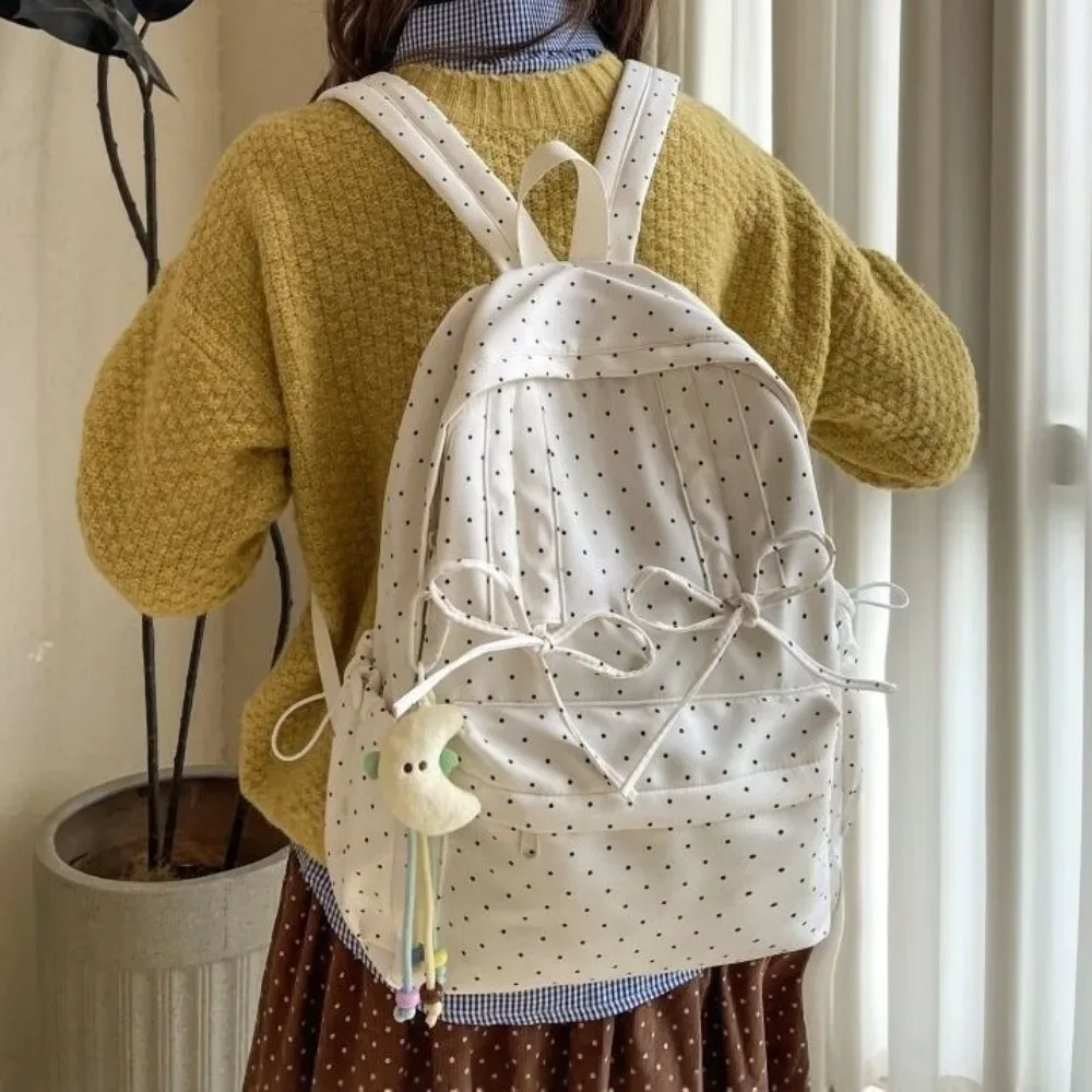 sac à dos mignon à pois avec nœud, grande capacité, minimaliste, durable, léger, pour étudiants et trajets quotidiens