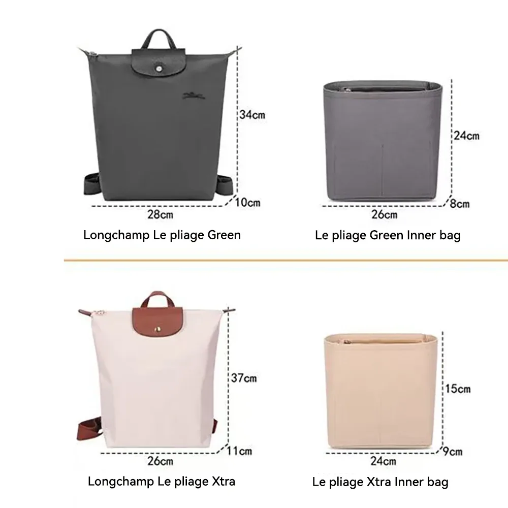 organisateur en feutre pour sac à dos longchamp le pliage vert/xtra, sac de rangement et de soutien doublé, sac de rangement pour cosmétiques
