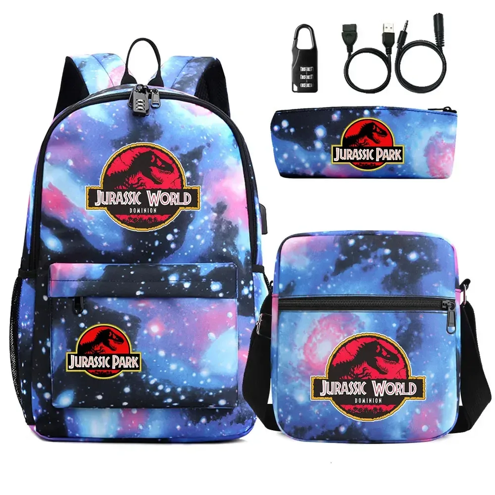 dinosaure jurassic park world 3 pièces usb antivol serrure garçon fille enfants école livre sacs voyage sac à dos sac à bandoulière stylo sac