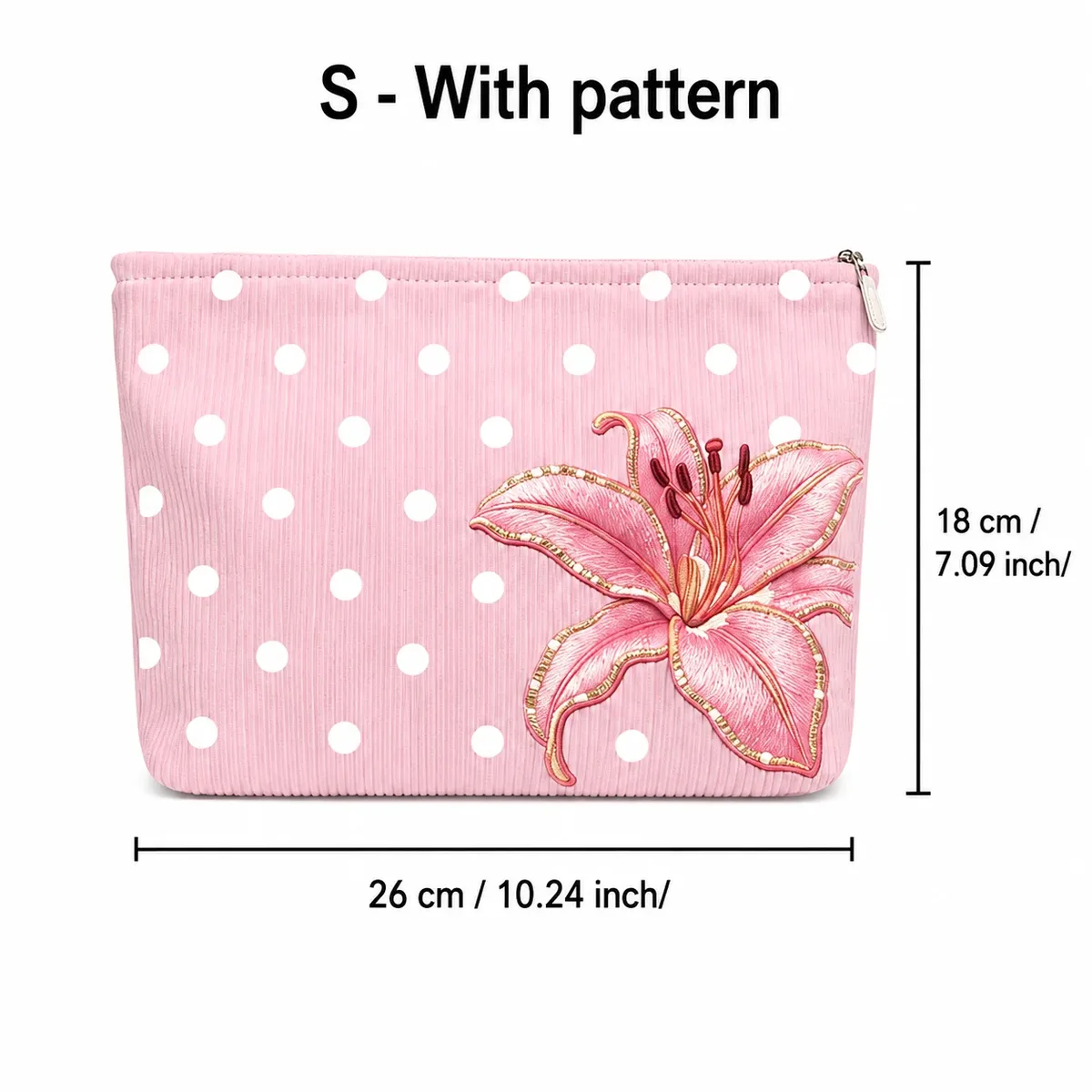 trousse de maquillage rose à pois avec broderie de lys, organiseur de maquillage portable à fermeture éclair pour femmes, voyage, articles de toilette et beauté