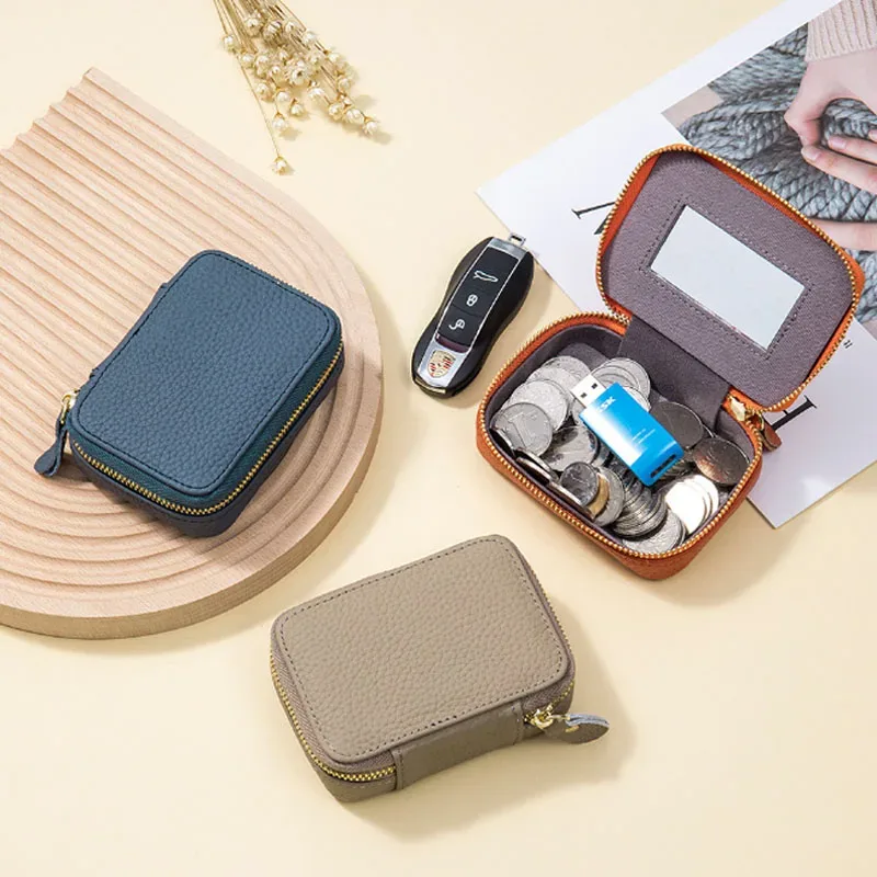 Mini sac cosmétique en cuir véritable avec tête miroir pour femme, sac de rangement de maquillage en peau de cercle, sac à monnaie pour casque et rouge à lèvres