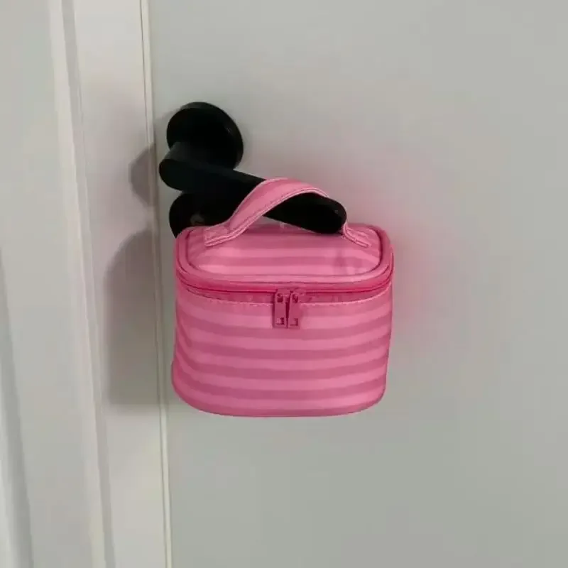 trousse de maquillage rose rayée avec miroir et fermeture éclair, sac de voyage portable pour femmes, organisateur cosmétique mignon et adorable, pochette de toilette