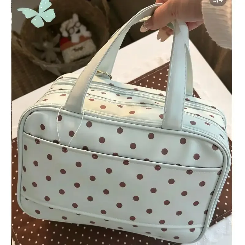 sac de maquillage portable à pois, multifonctionnel, à trois compartiments, sac cosmétique en pu, grande capac