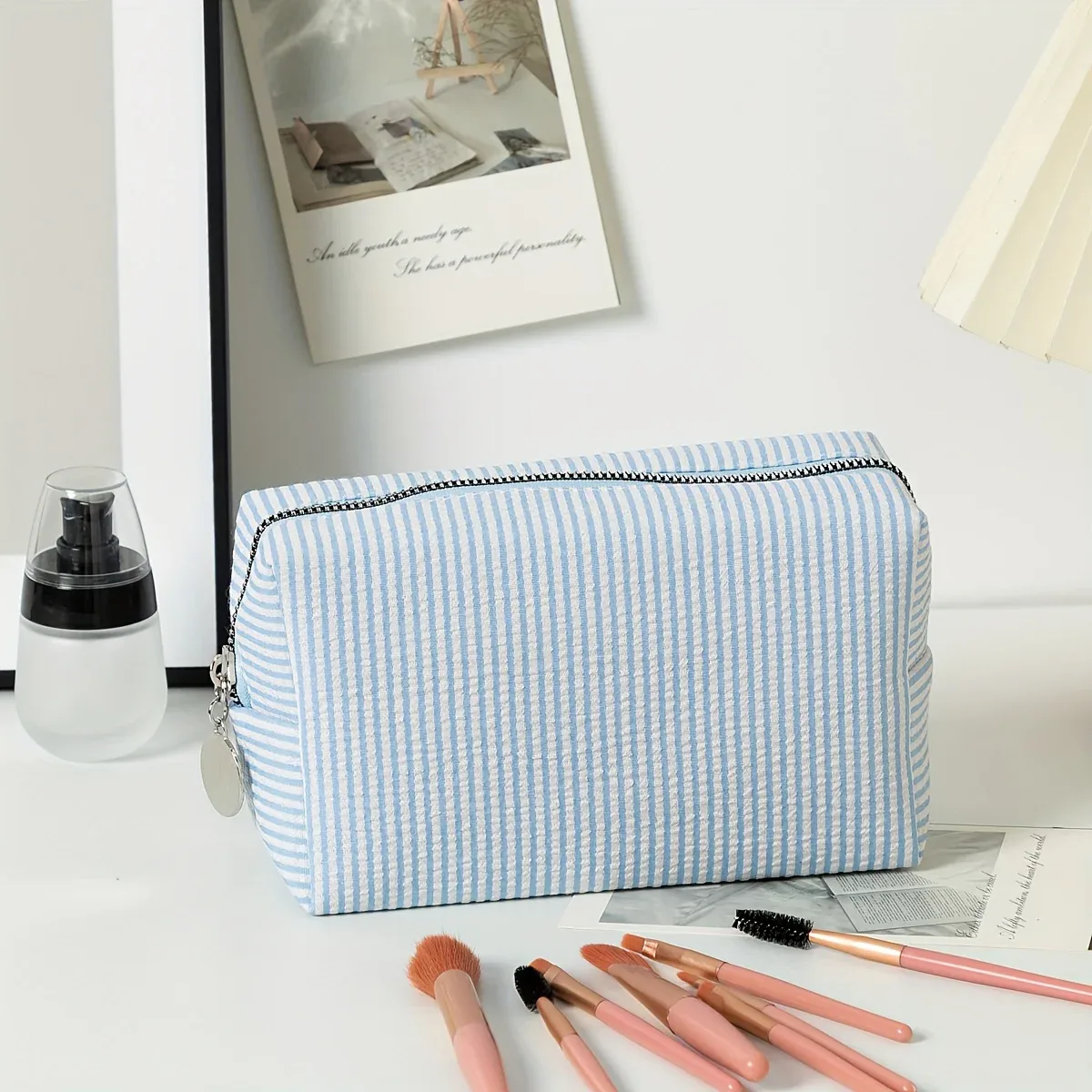 trousse de toilette de voyage rayée, pochette de maquillage à fermeture éclair, organisateur de cosmétiques pour voyage, école ou usage domestique, essentiels pour dortoir, 1 pièce