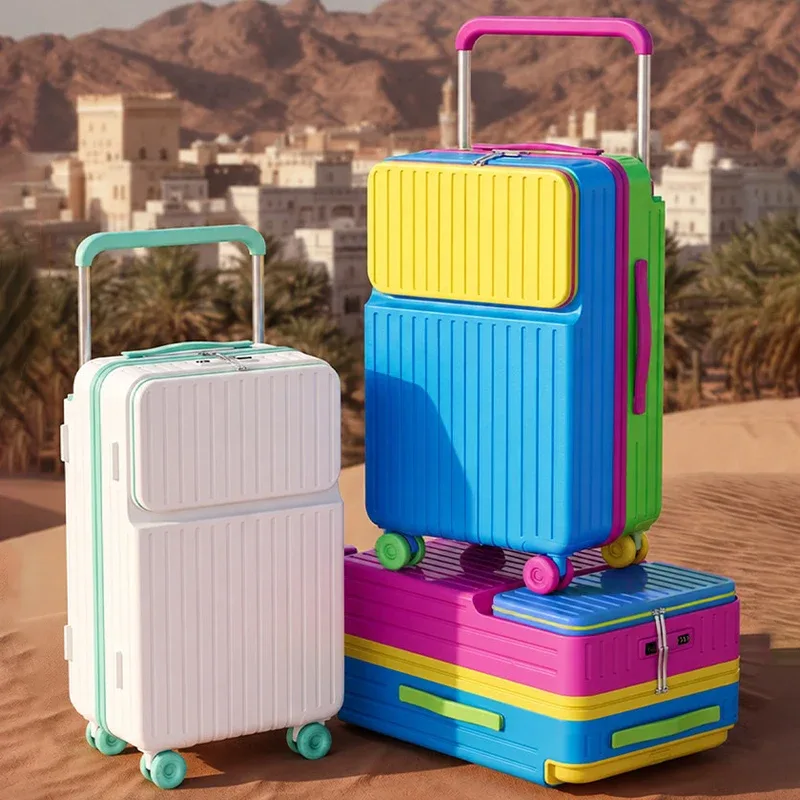 valise à ouverture frontale, couleurs macaron, en pc pur, 20 pouces, valise de cabine, 22/24/26/28 pouces, robuste et durable, sacs pour femmes