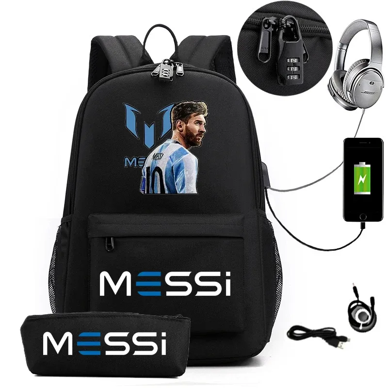 sac à dos usb cr7 pour femmes et hommes, sac à dos de voyage décontracté anti-vol, sacs d'école pour adolescents avec capacité pour ordinateur portable, avec trousse à crayons, 2 pièces