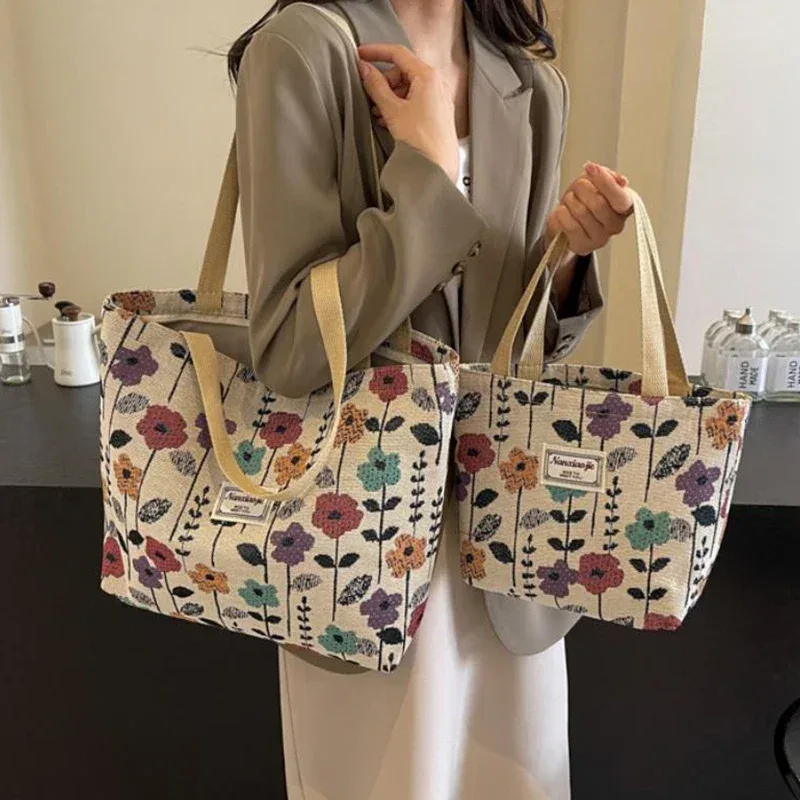 sac à bandoulière simple imprimé floral, sacoches réutilisables de grande capacité, fourre-tout simple et polyvalent