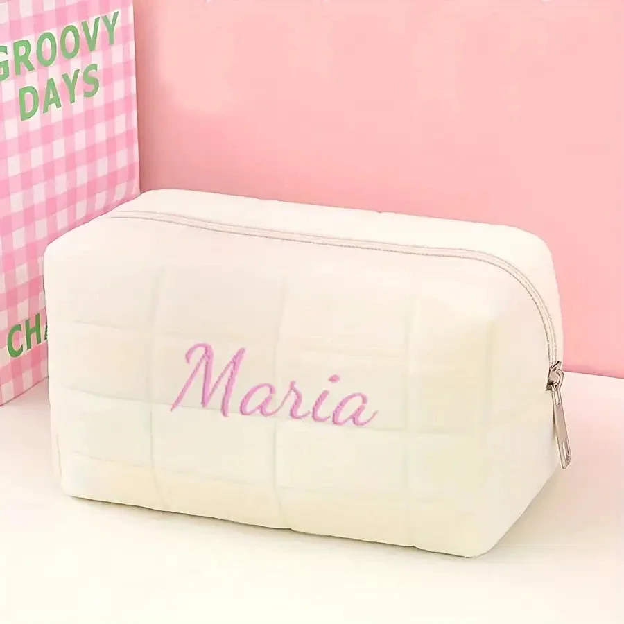 sac de rangement cosmétique en fourrure unie personnalisé avec nom, pour femme, avec fermeture éclair, organiseur de maquillage, sac à main, trousse à crayons, trousse de toilette de voyage