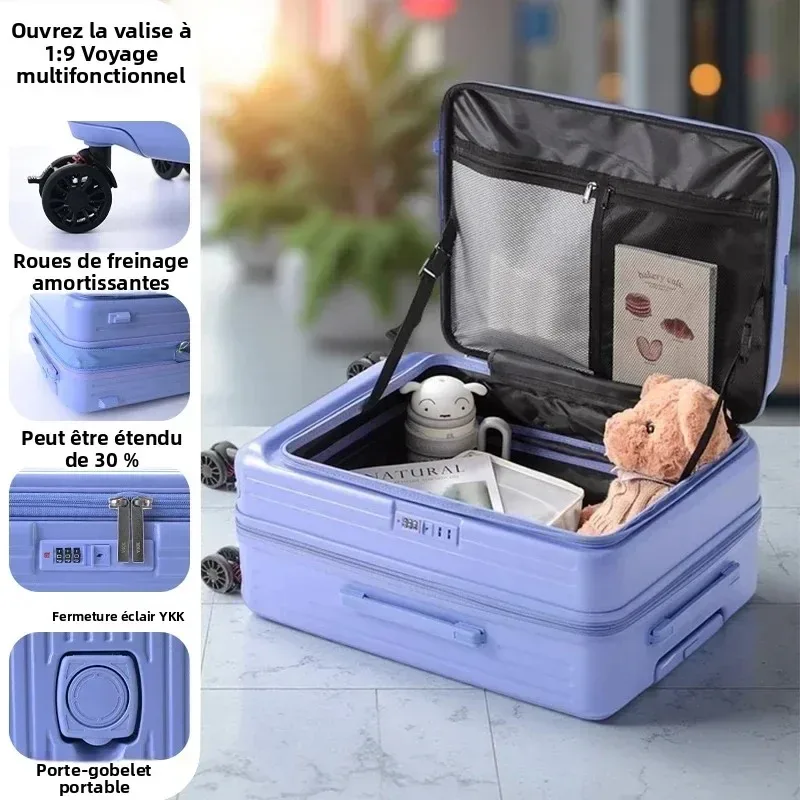 valise extensible multifonctionnelle à ouverture frontale avec porte-gobelet, bagage de grande capacité 360 ° roues amortissantes 20' 24' 28'