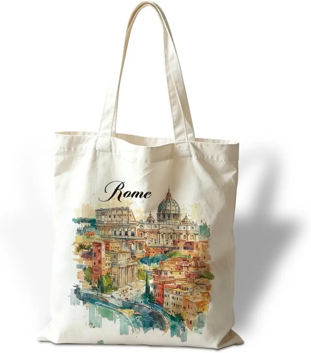 sac fourre-tout en toile aquarelle rome, imprimé paysage urbain italien, réutilisable, écologique, sac à bandoulière pour le shopping, cadeau de voyage