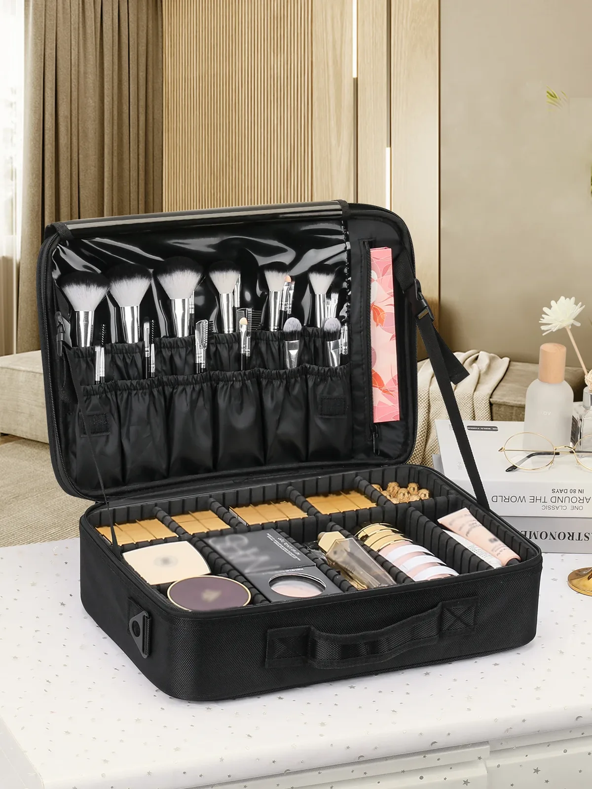 Trousse de maquillage de voyage, étuis de Train de maquillage, organisateur professionnel de rouge à lèvres avec bandoulière, séparateurs réglables pour maquillage cosmétique