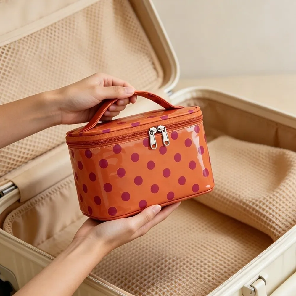 sac de maquillage en pvc à pois, grande capacité, sac à cosmétiques étanche en pvc avec poignée, organisateur de maquillage, transport décontracté