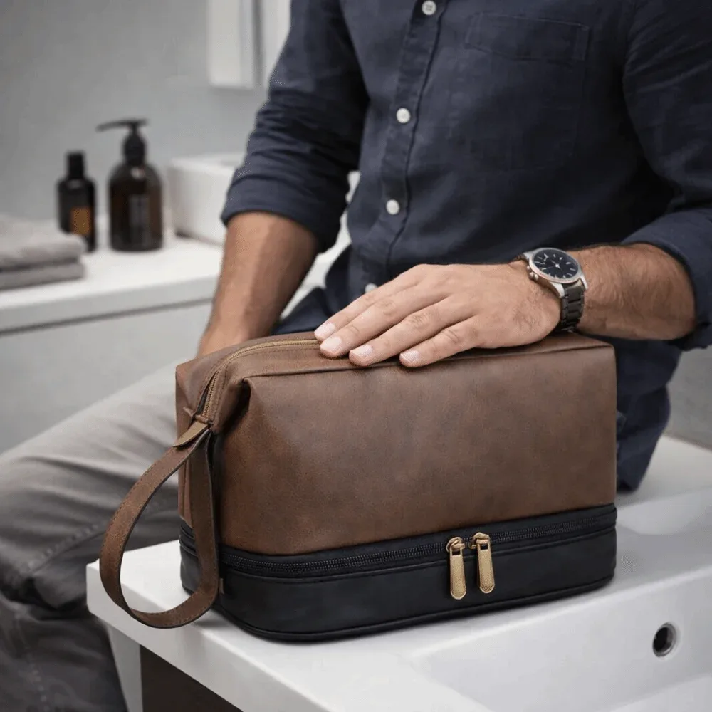trousse de toilette rétro en cuir pu pour hommes, grande capacité, étanche, séparation sec-humide, pochette de maquillage professionnelle pour hommes