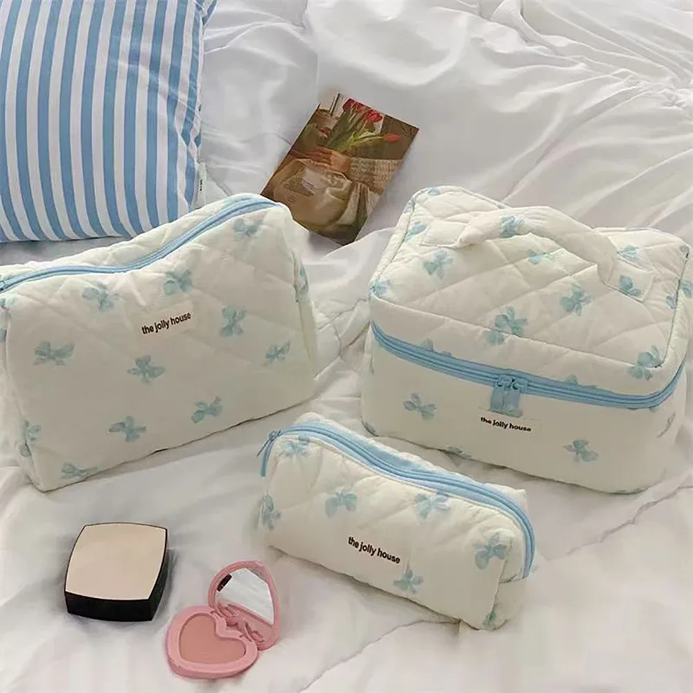sac de rangement cosmétique en coton matelassé pour femme, nœud simple, sac à main d'évaluation de maquillage rouge à lèvres, sacs à fermeture éclair de grande capacité, mignon, nouveau