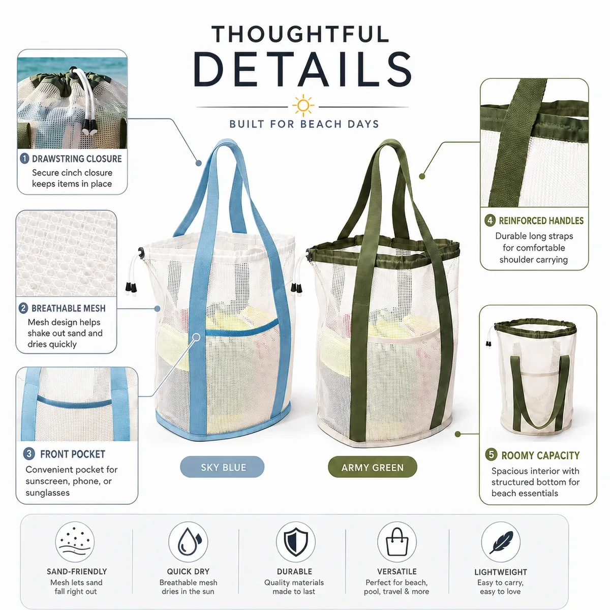 sac de toilette, sac de plage en filet, sac de rangement en filet grande capacité pour la douche en été, sac de rangement portable en filet pour la douche