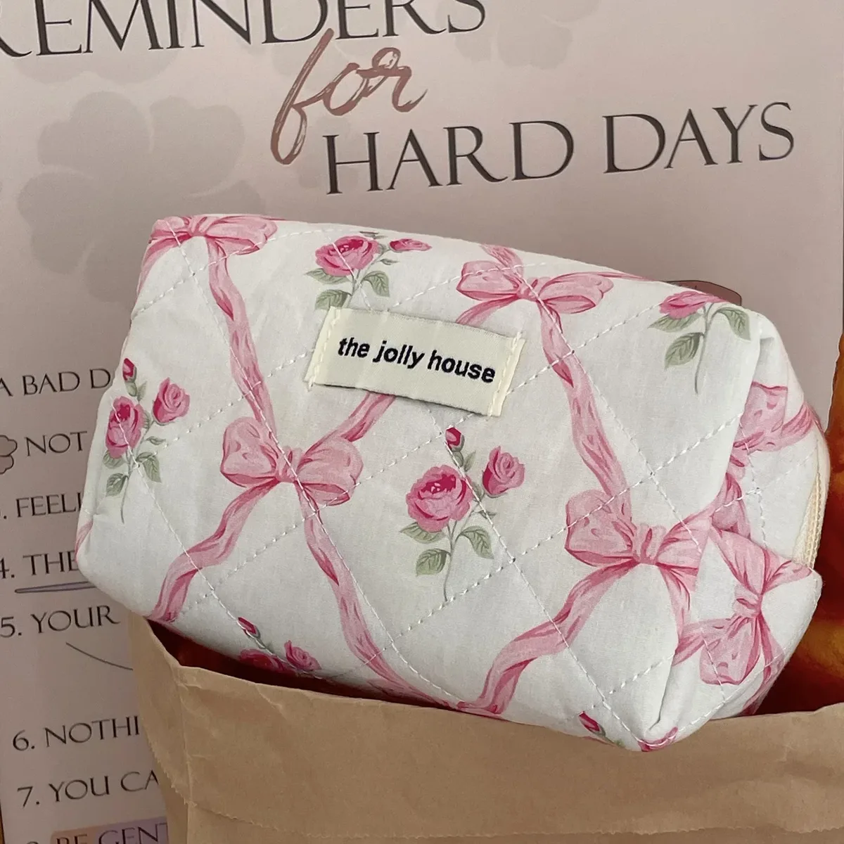 trousse de toilette portable avec fermeture éclair pour femme, trousse de maquillage, sac à main, courtepointe, coton, mignon, nœud, fleur, femme, évaluation, gril, cosmétique, filles