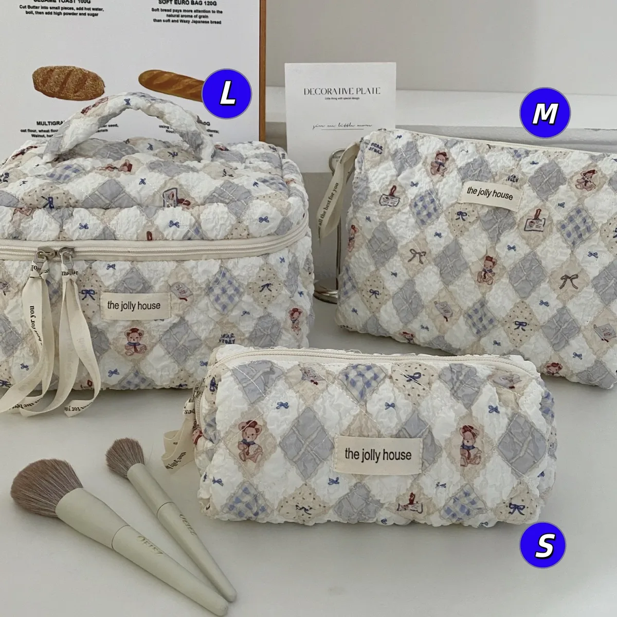 sac de rangement pour cosmétiques en coton matelassé, trousse de toilette de voyage portable, trousse de maquillage à pois vert menthe, grande capacité, style ins
