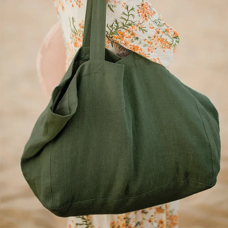 sacs de shopping en lin décontractés pour femmes, sacs d'articles divers réutilisables pliables, sacs à bandoulière de plage de voyage, grands sacs à main