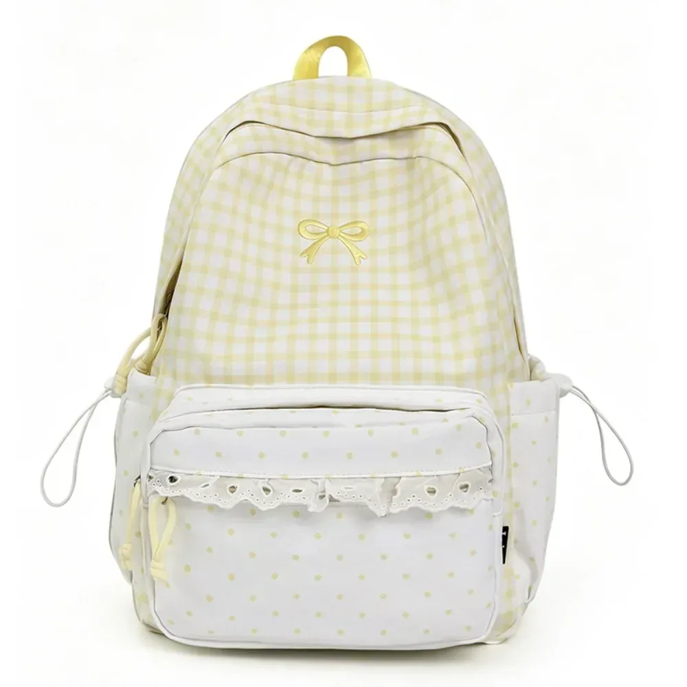 sac à dos tendance à pois, avec nœud, minimaliste, léger, grande capacité, bordure en dentelle, idéal pour les trajets quotidiens.