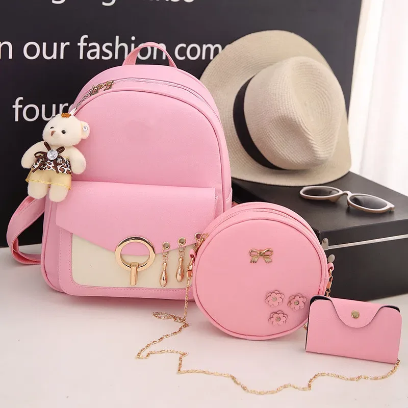 ensemble de sac à dos en cuir pour femme, portefeuille, porte-cartes, mode, nouveau, 3 pièces