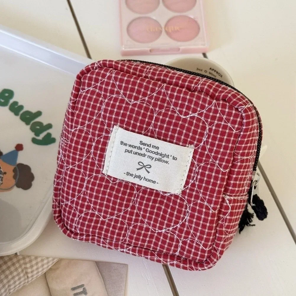 trousse de maquillage classique matelassée en forme de cœur, style coréen, grande capacité, pochette cosmétique à fermeture éclair, motif écossais, pour extérieur