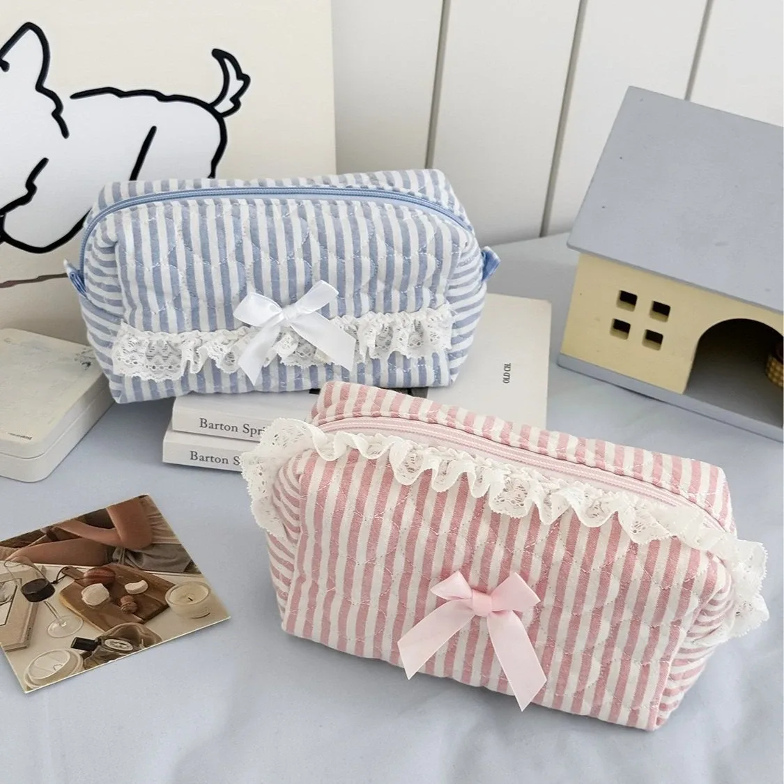 sac à cosmétiques rayé avec nœud rose et bleu, pochette de maquillage en dentelle mignonne, sacs de rangement pour organisateur de cosmétiques pour femmes de grande capacité