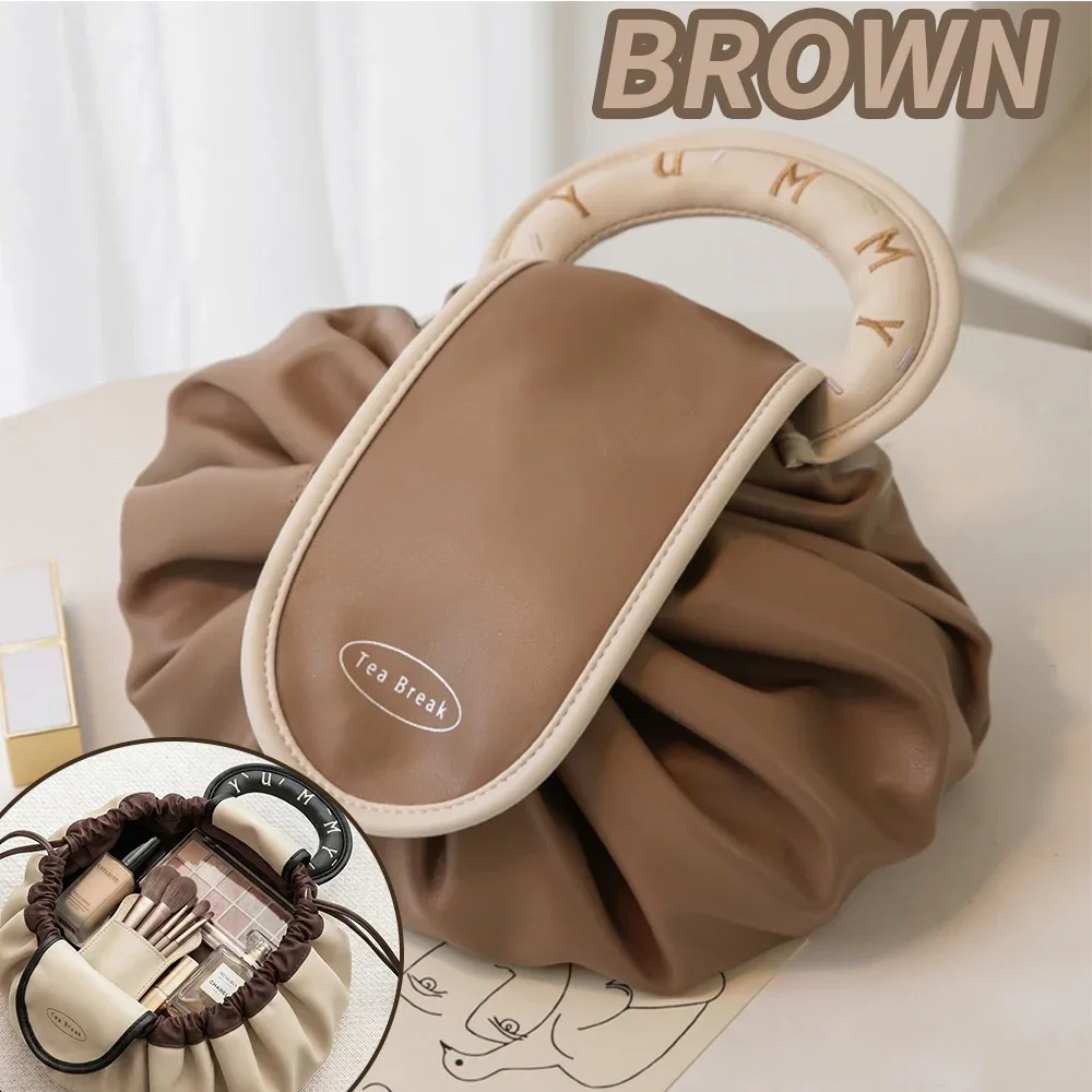 nouvelle trousse à cosmétiques avec cordon de serrage, pochette de maquillage portable avec poignée, organiseur de maquillage en pu grande capacité pour femmes