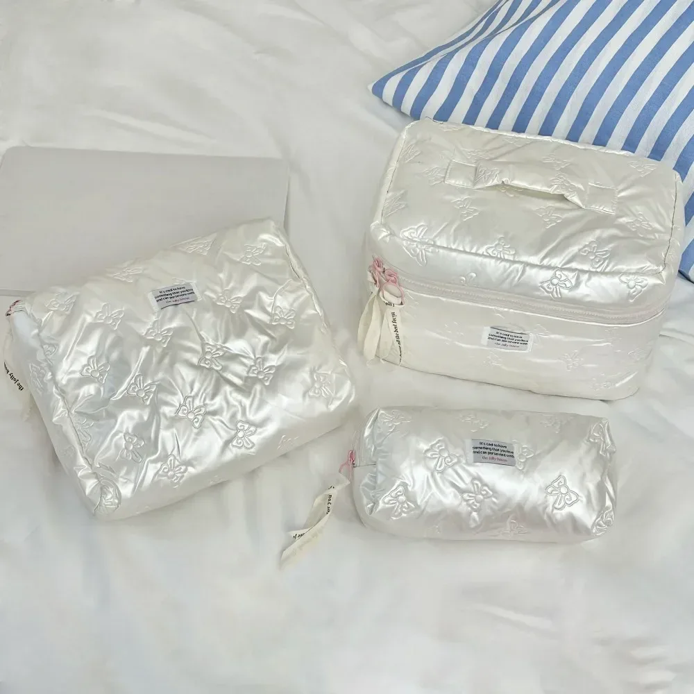 sac à cosmétiques en matériau pu, compartiment de rangement, décoration d'arc, trousse de toilette multifonction à fermeture éclair, sac à main de maquillage, rangement de maquillage