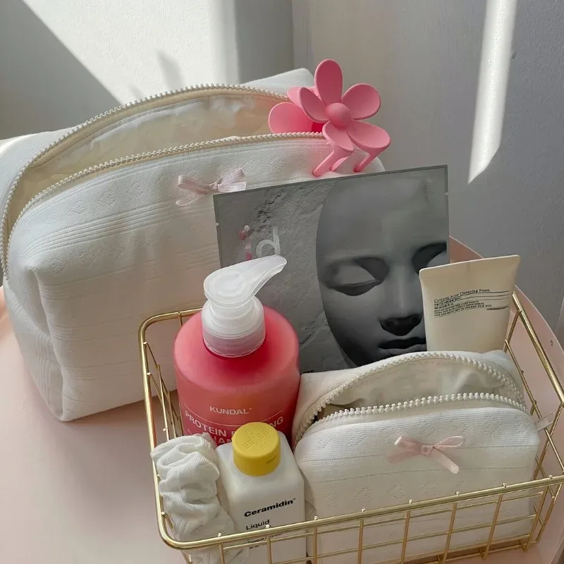 sac de maquillage de grande capacité, 1 pièce, pochette de rangement de cosmétiques à nœud papillon pour soins de la peau, bijoux, trousse de toilette de voyage, sac de rangement portable