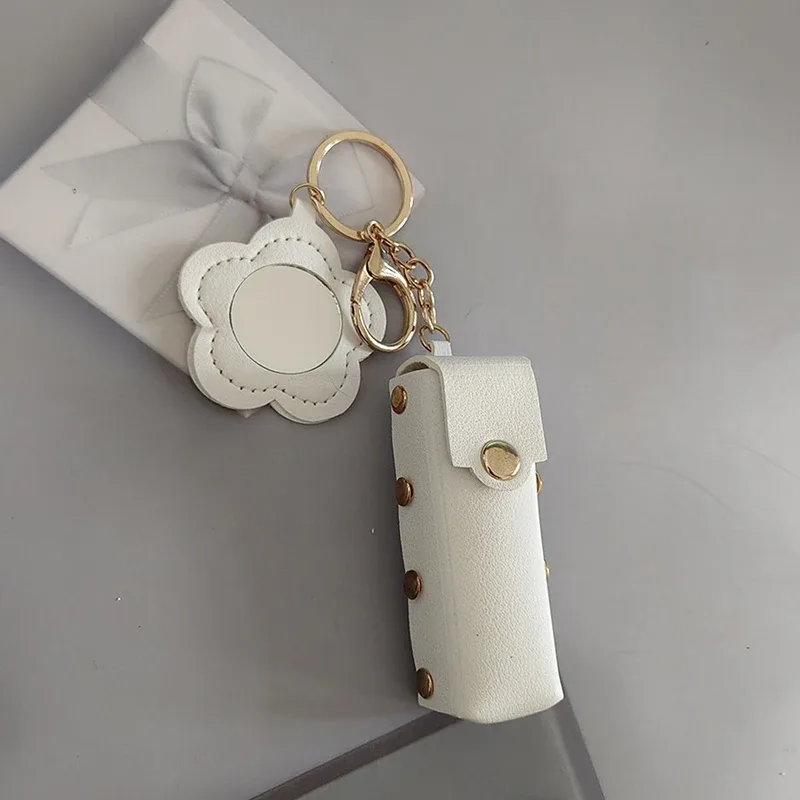 pochette à rouge à lèvres portable en cuir, porte-clés, breloque de sac, étui de protection créatif pour rouge à lèvres avec miroir, décoration de sac à dos, cadeau