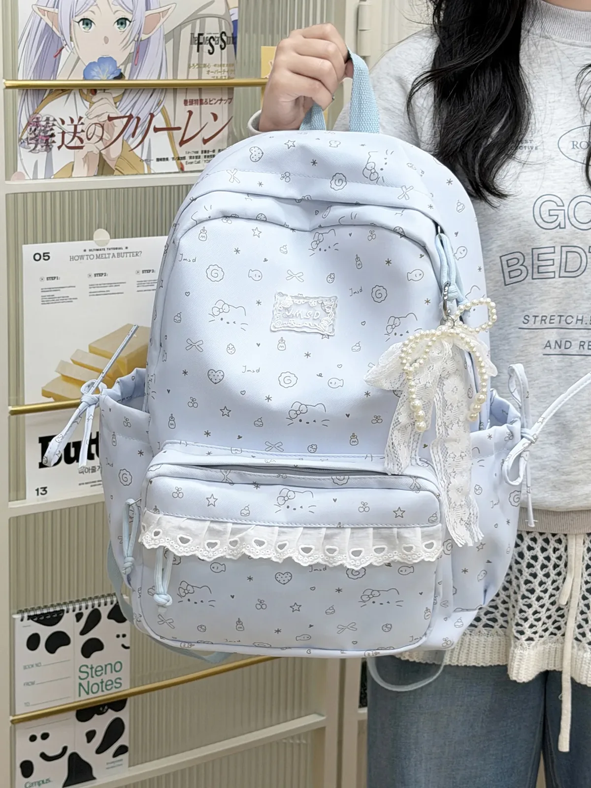 sacs à dos en dentelle pour femmes, 2 tailles, avec pendentifs perlés, sacs d'école imprimés de dessins animés mignons, mini sac à dos de voyage pour dames