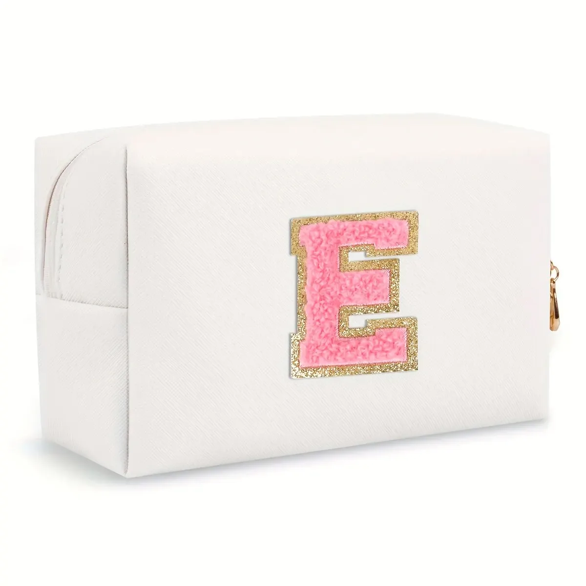 trousse de maquillage preppy pour femmes, trousse de toilette de voyage, sac à cosmétiques avec lettres en chenille, pochette étanche en cuir pu, joli organisateur à fermeture éclair-ll