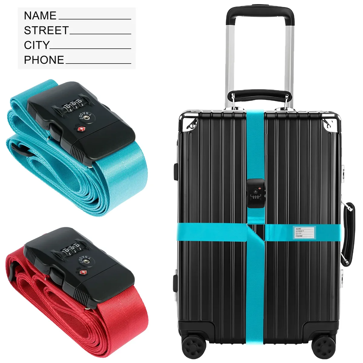 sangle de bagage croisée avec serrure tsa, sangle de valise à longueur réglable avec étiquette d'identification transparente, ceinture de voyage durable pour bagages