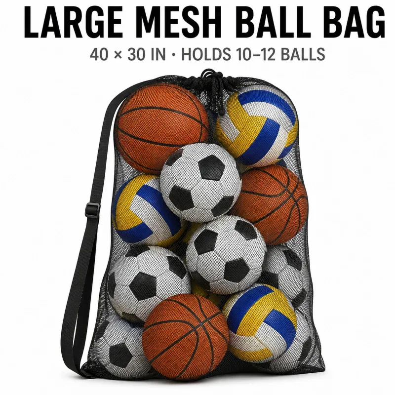 Sac à balles en maille robuste, grand sac de rangement pour équipement sportif avec cordon de serrage et bandoulière pour le basketball, le football et le volley-ball