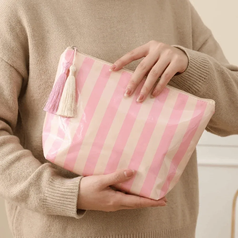 trousse de toilette de voyage portable à franges, design mignon, fermeture éclair, sac cosmétique rayé en pvc, grande capacité, sac brillant pour pinceaux de maquillage
