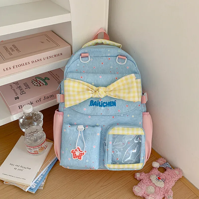 sac à dos en nylon pour adolescente, style coréen, avec nœud papillon, imprimé à carreaux et lettres, grande capacité, pour voyage et école