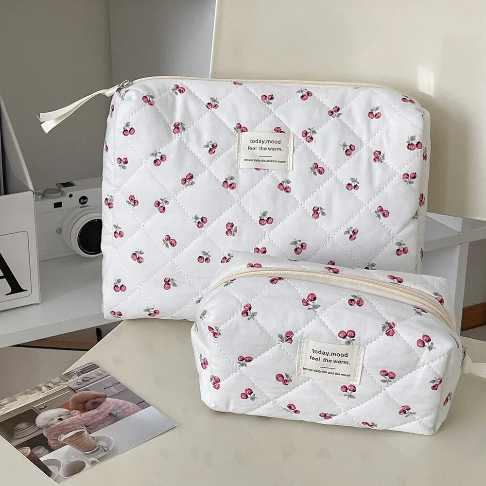 mode cerise fourre-tout femmes sac de maquillage portable mignon dames cosmétique toilette pochette de rangement sac à main coton matelassé sac à fermeture éclair