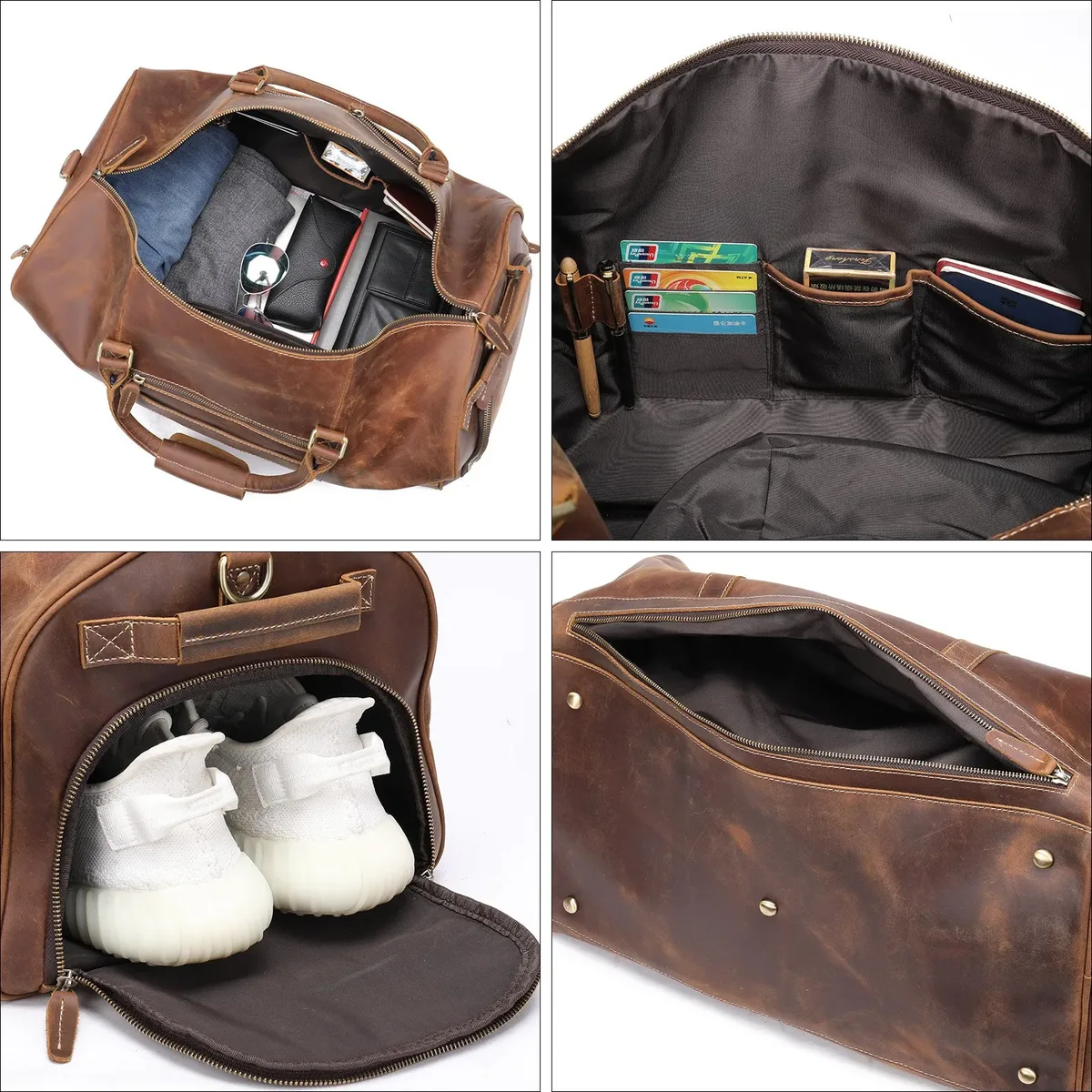 sac de voyage pour homme en cuir pleine fleur s.worker, multi-poches, grande capacité, sac de week-end, cuir pleine fleur
