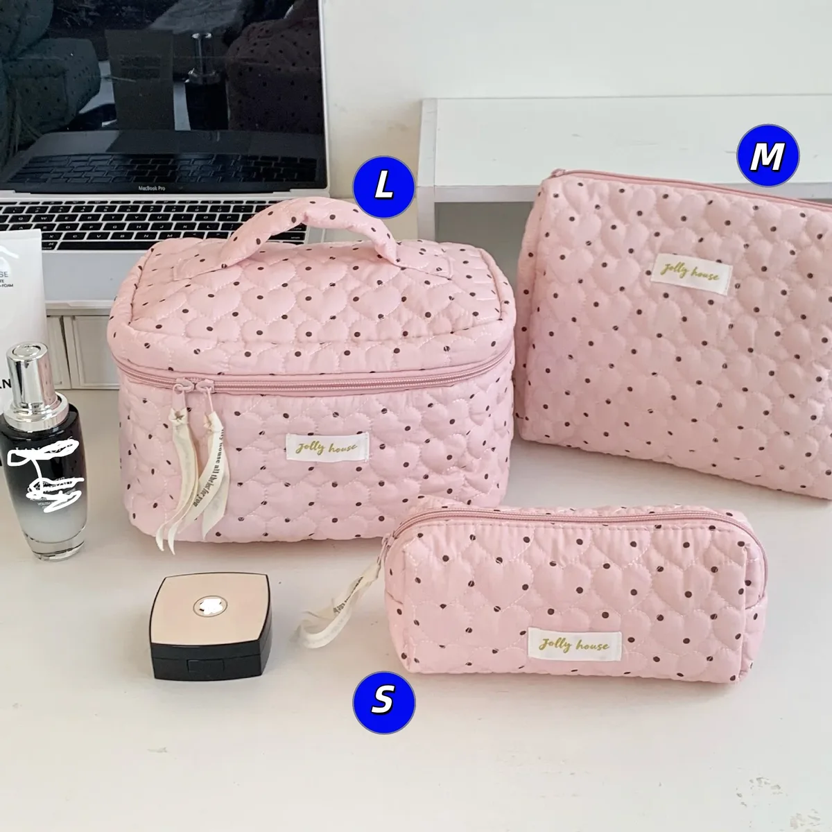 sac de rangement pour cosmétiques en coton matelassé, trousse de toilette de voyage portable, trousse de maquillage à pois vert menthe, grande capacité, style ins