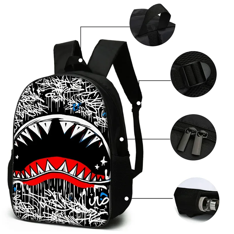 ensemble de 3 sacs à dos légers à motif requin style graffiti, grande capacité, pour l'école, les voyages, sac à bandoulière, trousse à crayons, cadeau