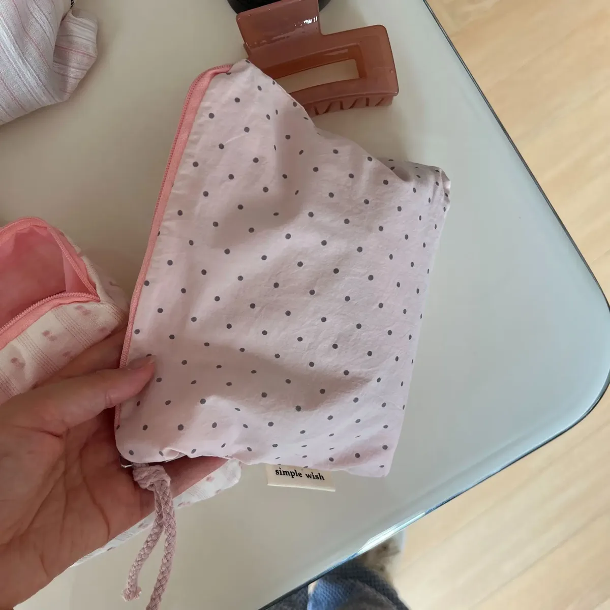 pochette de rangement en coton rose clair pour femme, motif pois frais, à carreaux et rayures, pour maquillage, cosmétiques et articles de toilette