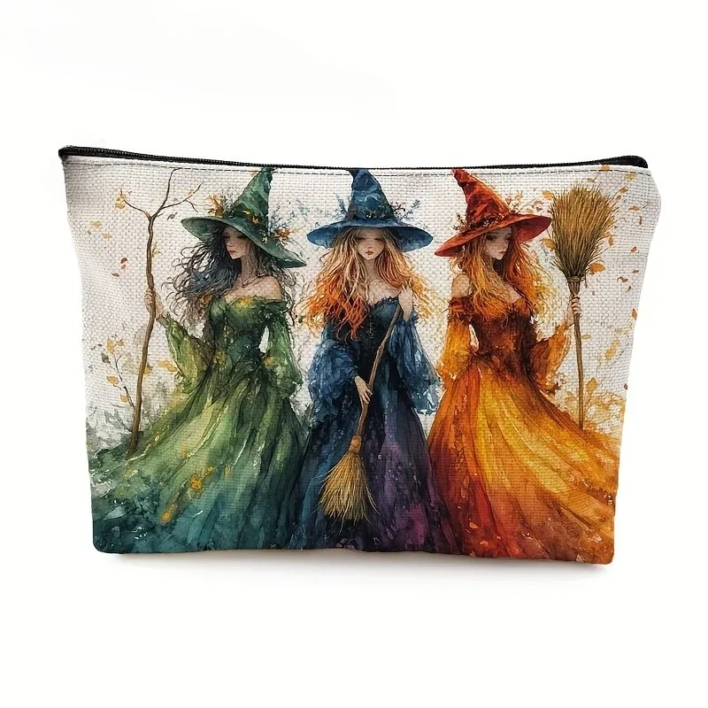 sorcières enchanteresse dans des robes vibrantes, trousse à cosmétiques, accessoires de voyage en polyester durable, trousse de maquillage, cadeaux d'halloween, trousse à crayons