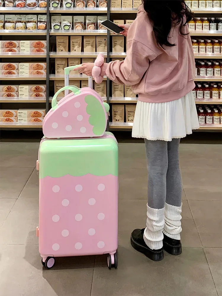 valise fraise 2026 nouveau ensemble de bagages à roulettes en pc, valises de voyage robustes et durables pour étudiants, bagages 20/24/26 pouces pour femmes