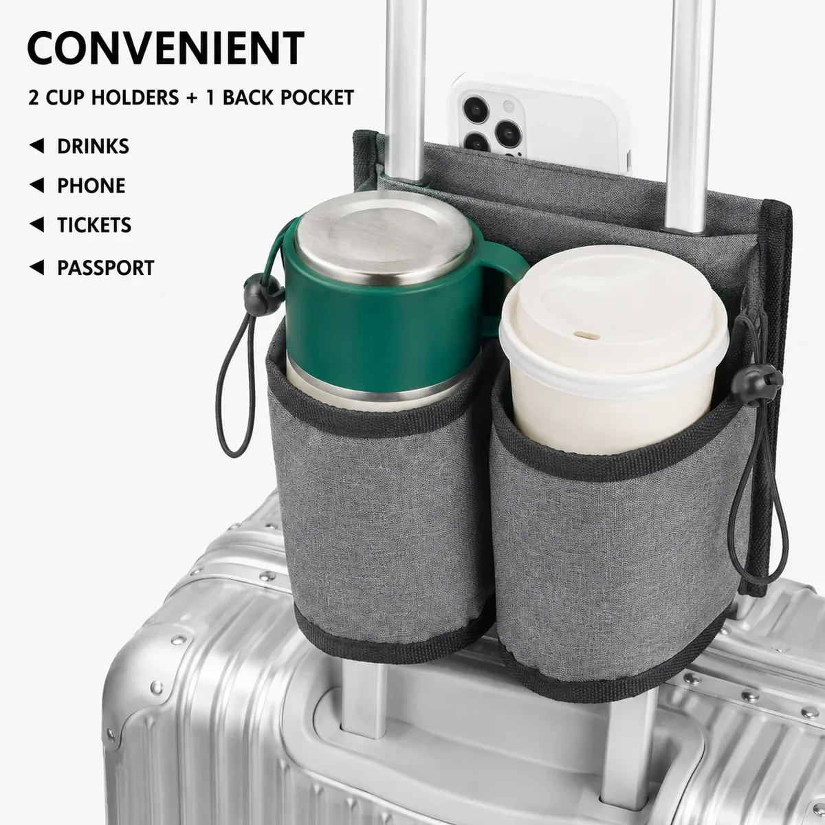 Porte-gobelet de voyage pour valise, porte-boissons pliable pour bagages avec 2 emplacements pour gobelets, organisateur de poche arrière